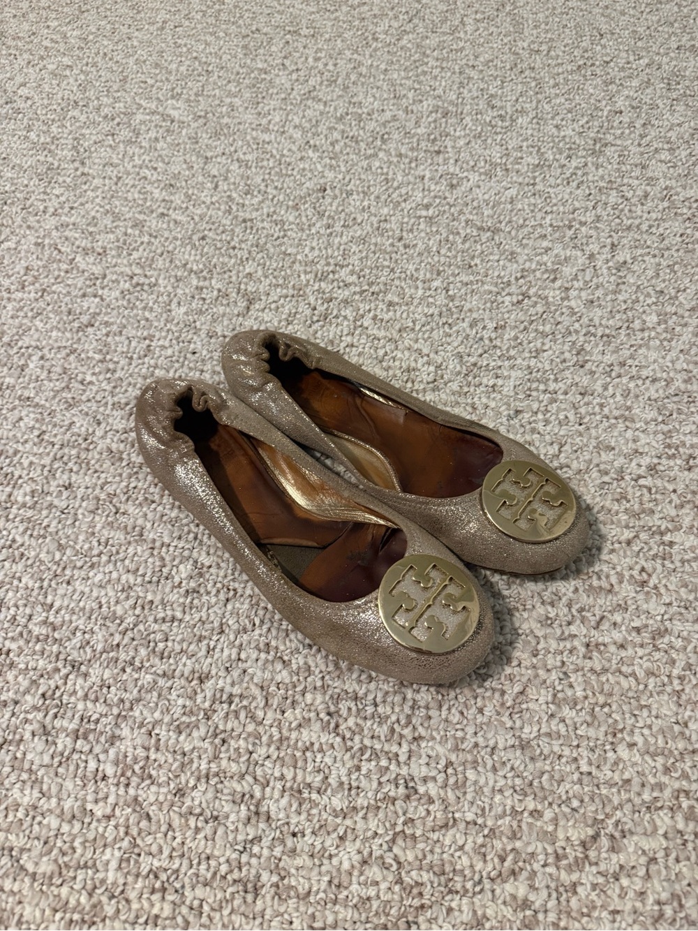 Tory Burch Shimmering Taupe Ballet Flats with Gold Logo